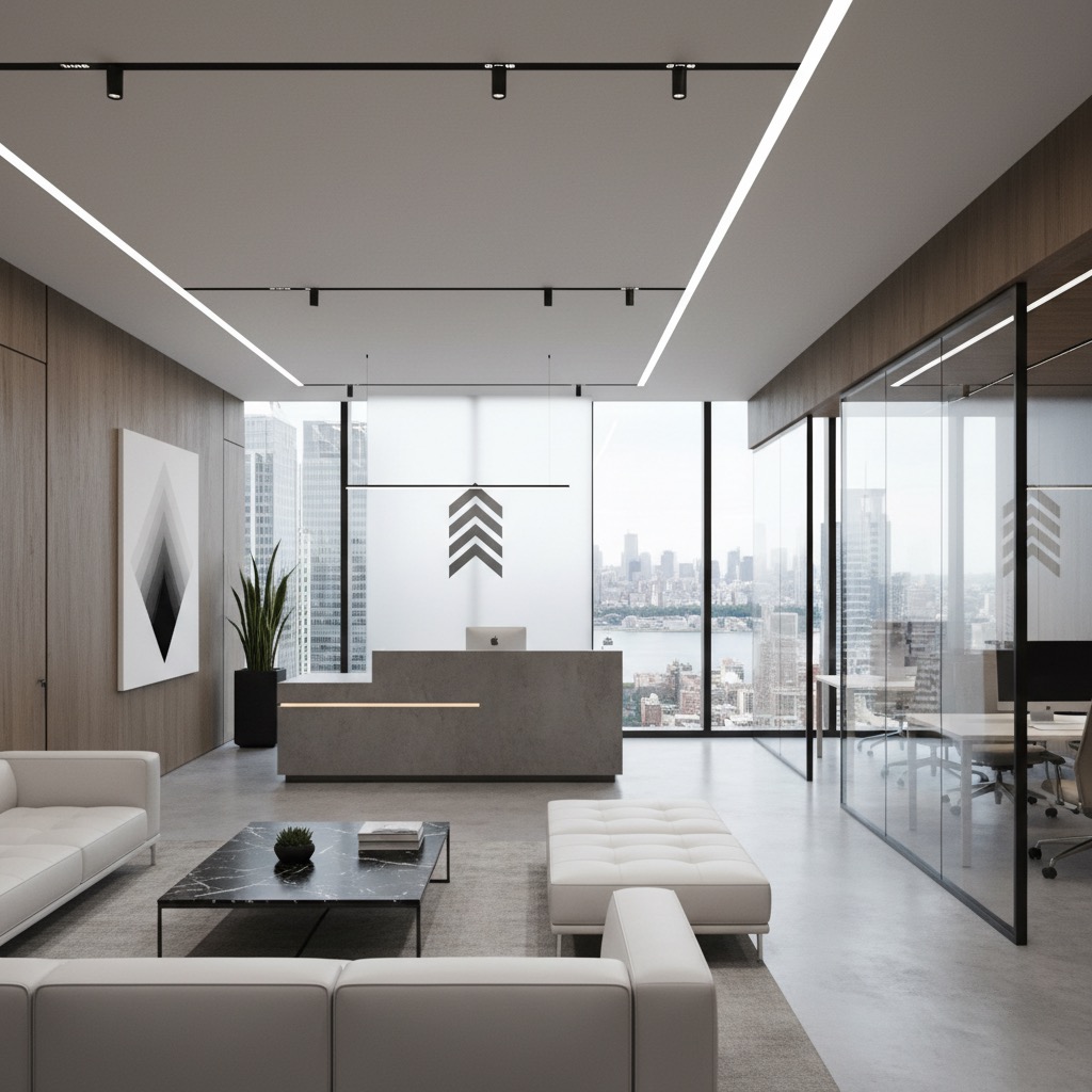 Modern corporate office reception area featuring a concrete desk, white sofas, and large windows with a city skyline view.