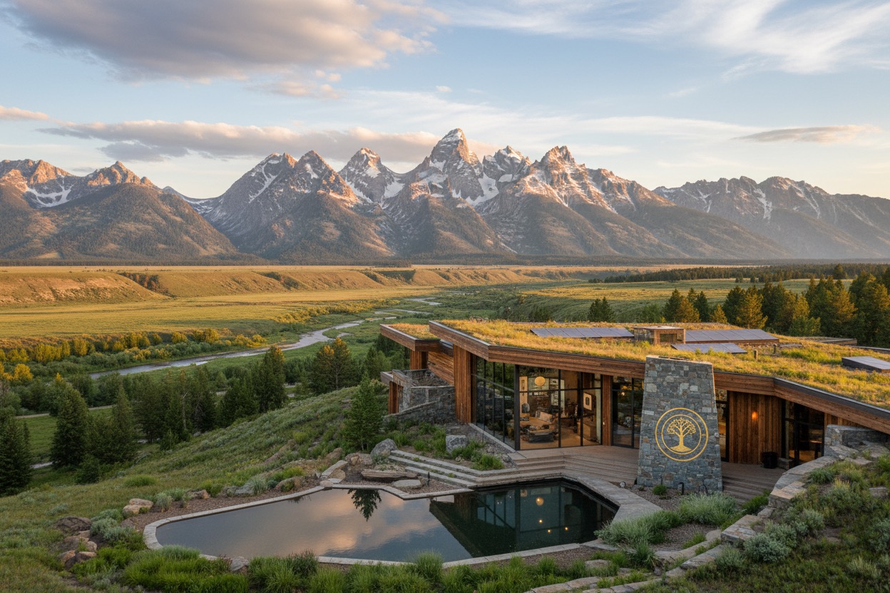 A modern home with a green roof sits in a grassy valley in front of a majestic mountain range.