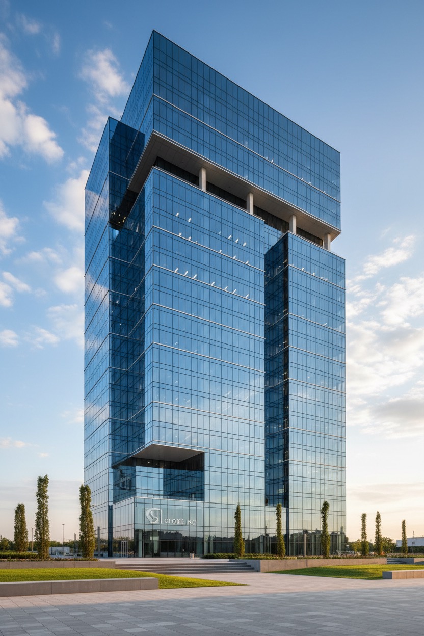 A modern high-rise office building with a blue glass facade stands tall against a partly cloudy sky.