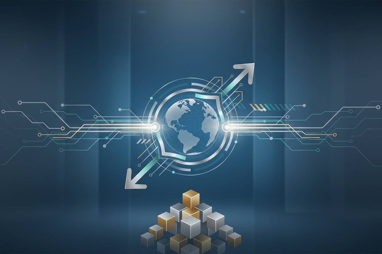 A stylized globe with circuit lines and upward-pointing arrows is centered above a pyramid of silver and gold cubes against a dark blue background.